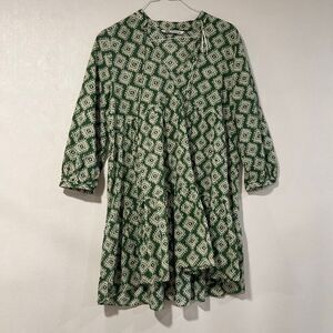 Zara Green Geometric Print Boho Mini Dress Long Sleeve Size L